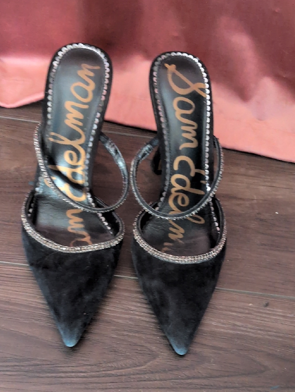 Sam Edelman Black Pointed Toe Crystal-Trim Slingback Heels